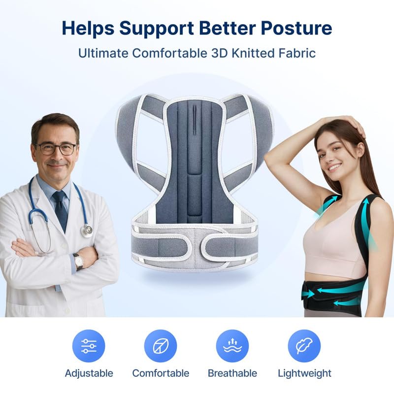 Image of Posture Corrector Belt for Men & Women | Adjustable Back Brace | Upper Back & Shoulder Support | Neoprene Spine Corrector Belt | Relieves Back Pain, Neck Hump & Rounded Shoulders | Universal Size (28-52 inch) | Black