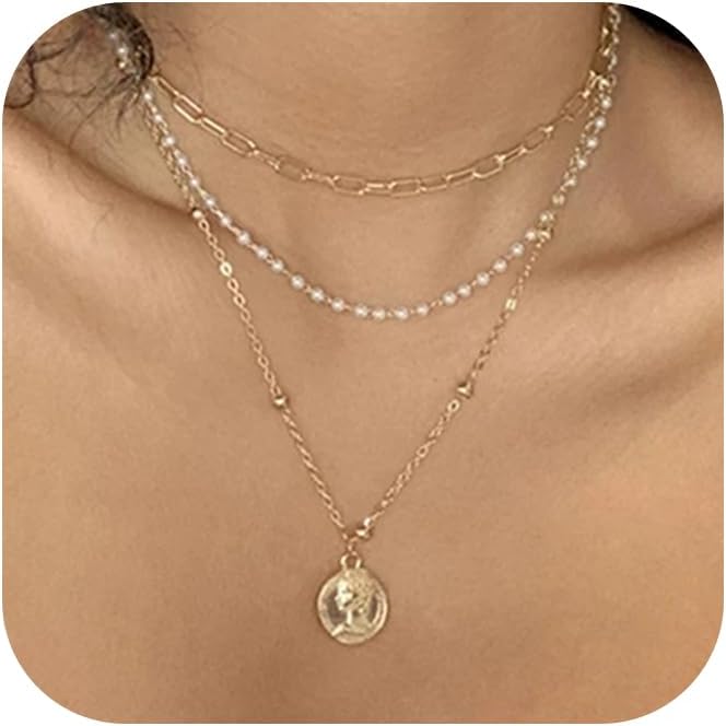 Layered Round Pendant Necklace Gold Plated Dainty Multilayer Choker Layering for Women Necklaces Stylish Minimalist Pendants Simple Chain Stacked Necklace Jewelry Gifts