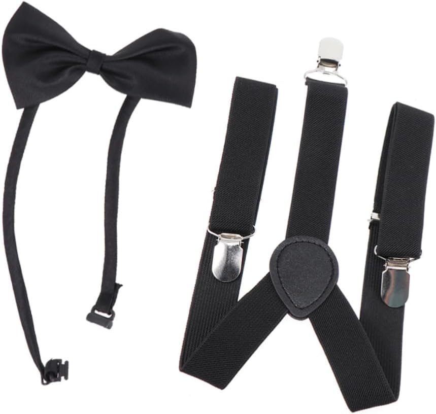 2pcs Boys Elastic Bowties Suspenders Adjustable Tie Set Striped Band for Boys and Girls