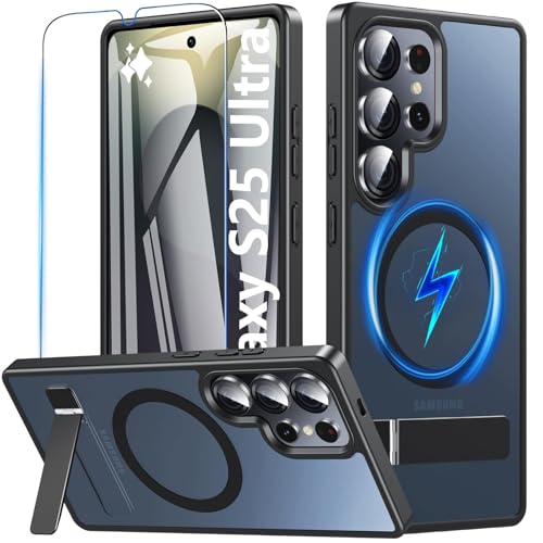 BESINPO Hülle für Samsung Galaxy S25 Ultra für MagSafe mit Ständer und Displayschutz Magnetische Schutzhülle integrierter Versteck-Ständer Handyhülle für Samsung S25 Ultra Schwarz