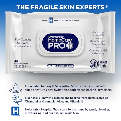 Homecare Pro Oversized Daily Cleansing Adult Wipes With 6 Moisturizers Wet Cleansing, Rinse Free, Bathing Wipes, Hospital Grade pH Balanced for Fragile Skin - | 48 Count XL |- 1 Pack