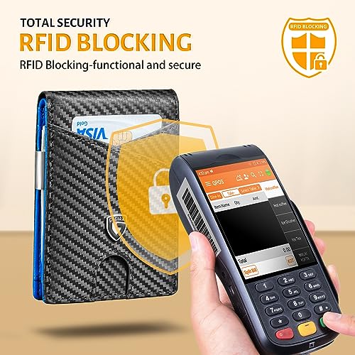 GSOIAX Slim Leather RFID Bifold Wallet for Men Minimalist Front Pocket Wallet with Money Clip,12 Card Slots,ID Window,Cool Groove Design,Includes Gift Box(Carbon blue)4