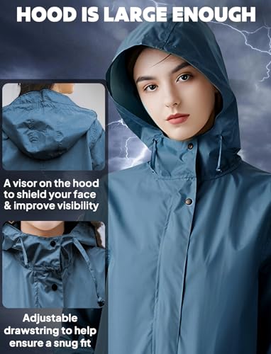 ANYOO Damen Regenjacke Regenmantel Wasserdicht mit Kapuze, Leichter Lange Regenponcho Windbreaker Regenbekleidung, Meer Blau, Einheitsgröße