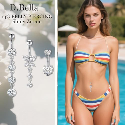 D.Bella Belly Rings for Women Belly Button Piercing Clicker Belly Button Ring Belly Button Rings Dangling 14G Surgical Steel CZ Butterfly Dangle Belly Piercing Jewelry Silver Rose Gold4