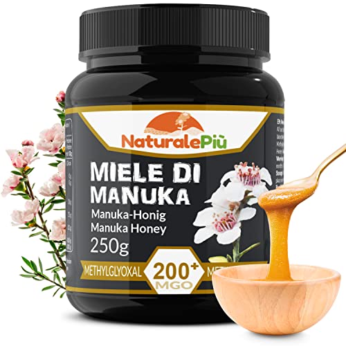 Miele di Manuka Grezzo 200+ MGO Nuova Zelanda - Mono floreale e Ideale per la Cura delle Ferite - Tè, Cereali e Prodotti da Forno - Miele Balsamico Puro - Metilgliossale Certificato in Laboratorio