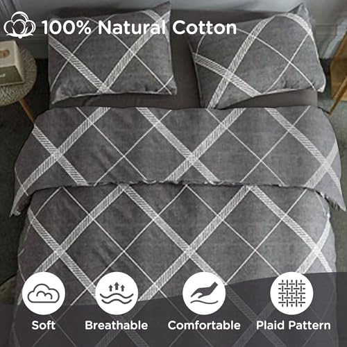 Image of TOCOMOA Plaid Duvet Cover Set 100% Natural Cotton Soft Comfy Breathable 3 Piece Grey and White Striped Pattern Printed Comforter Cover Bedding Set (Queen 90 inchx90 inch, Comforter Not Included)