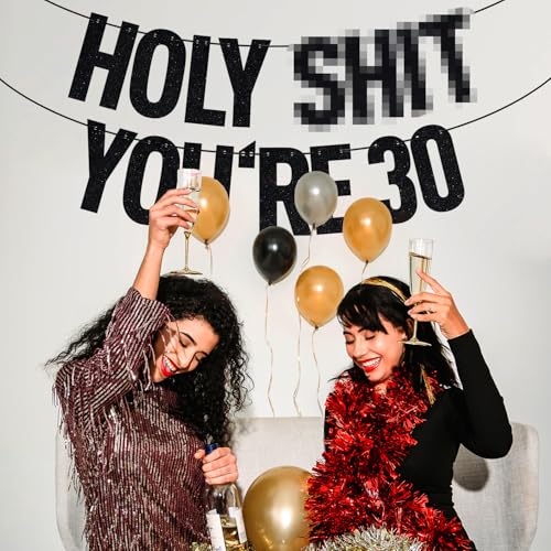 Image of Black Glitter Holy Sh*t You're 30 Banner, Happy 30th Birthday Party Decor for Men Women, Funny Death to My 20's 30th Birthday Party Decorations for Women men