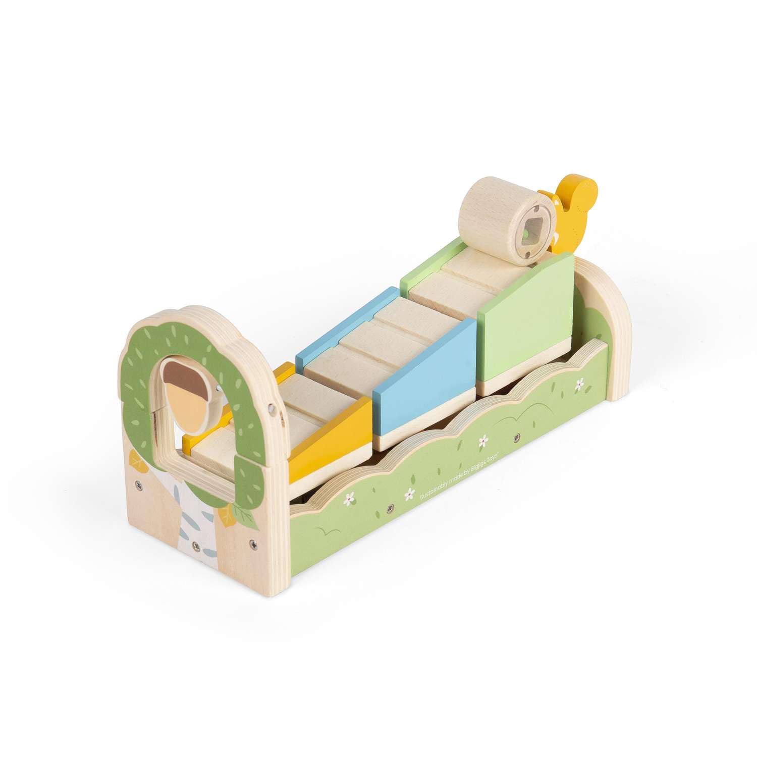 Bigjigs Toys Sortownik rampowy z motywem wiewiórki, 8 szt., drewniany sorter kształtów zwierząt, zabawka do biegania piłkami dla dzieci, prezenty Montessori, dla maluchów, zabawny i edukacyjny zestaw