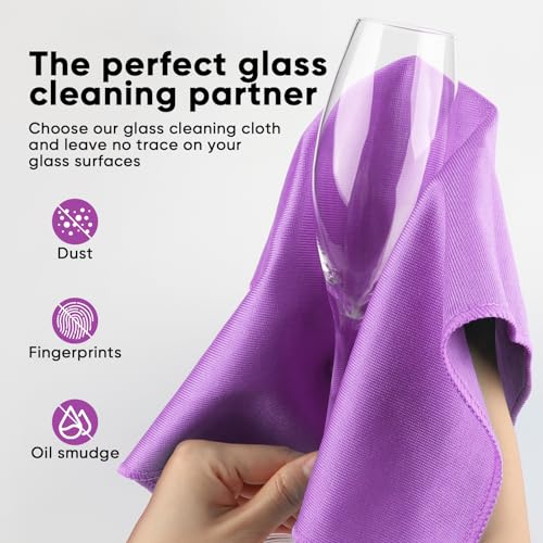 HOMEXCEL Microfiber Glass Cleaning Cloths 6 PK, Lint Free Streak Free, Reusable Microfiber Cleaning Cloth for Cleaning Windows, Glasses, Mirrors, Screens, Stainless Steel, and More Purple-14×16