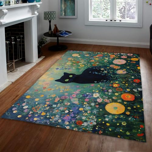 Tapis lavables d’intérieur botanique chat noir antidérapant 180x270
