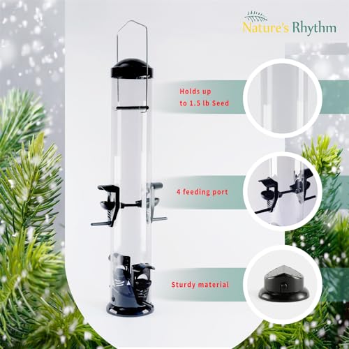 Natures-Rhythm-Hanging-Classic-Tube-Wild-Bird-Feeder-Premium-Hard-Plastic-Garden-Yard-Outdoor-Bird-Feeder-with-Steel-Hanger-Weatherproof-and-Water-Resistant4-Feeding-Ports15lb-Black