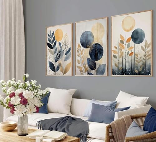 Affiche d'arbre géométrique beige et bleu TONGYINLI, lot de 3 toiles de salon 70x100 cm sans cadre - 2