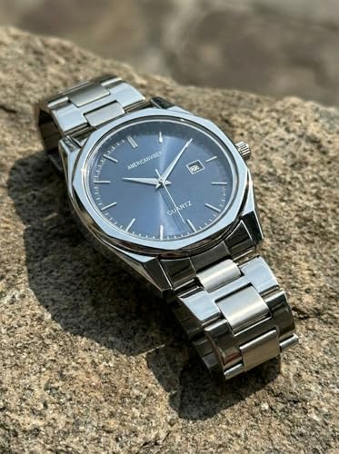 Image of AMERICANVIBER Mens Analog Quartz Watch, Stainless Steel Bracelet, Date Display Chain Watch for Men