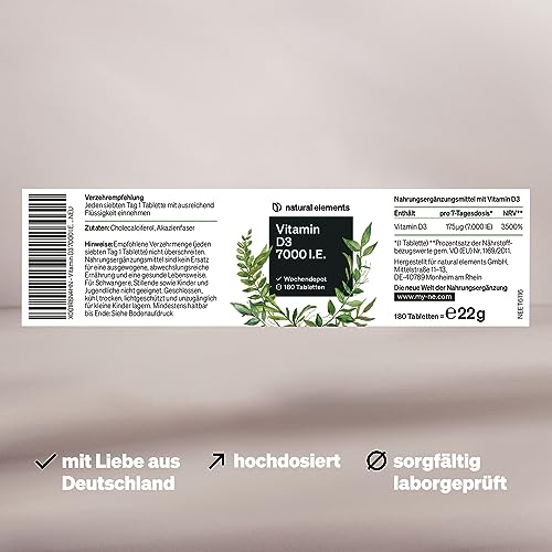 natural elements Vitamin D3 7000 I.E. – 180 Tabletten – das Sonnenvitamin als Wochendepot – hochdosiert, ohne unnötige Zusätze – in Deutschland produziert & laborgeprüft