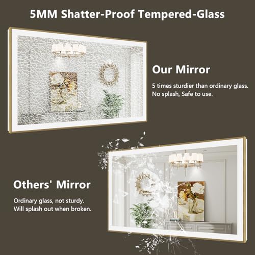 Image of 44x30 LED Bathroom Mirror with Lights, Gold Framed Lighted Mirror | Backlit and Front light, Anti-Fog, 3 Color Dimmable, Memory, Tempered Glass, IP54 Waterproof, UL Listed