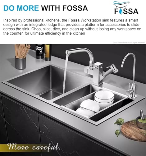 Image of Fossa 32 inch x18 inch x 09 inch Inch Premium Stainless Steel Double Bowl Kitchen Sink with Tap Hole, Drain Basket, Soap Dispenser, Drain, Round Coupling - Topmount Sink for Campervan or Silver (Matte Finish)