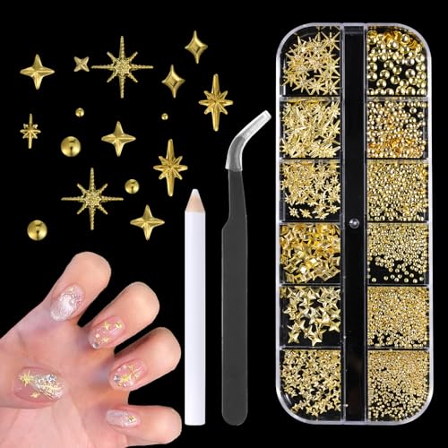 1500Pcs 3D Star Nail Charms, Gold Multi-Shapes Metallic Nails Art Gems and Small Round Caviar Beads Shiny Jewelry Accessories for Women Girls Nails Design