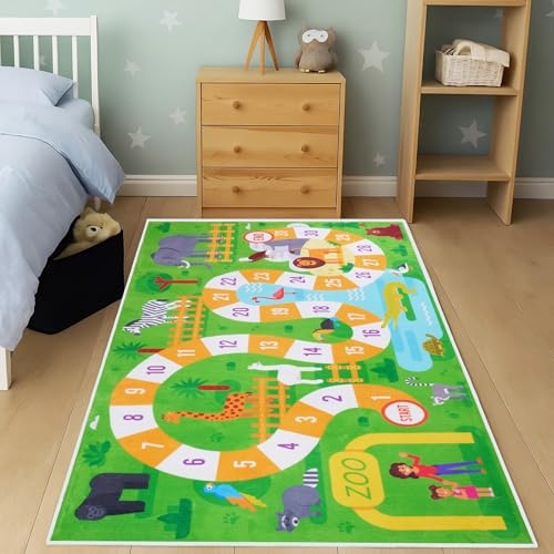 Image of Story@Home Kids Play Mat Carpet 3x5 ft | Anti-Skid Rug for Children's Playroom | Zoo Animals Theme | Soft Polyester Floor Mat for Boys & Girls | Green Crawl & Play Carpet