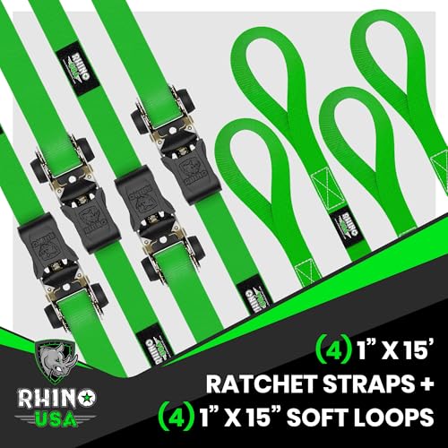 Image of Rhino USA Ratchet Straps Tie Downs (4-Pack) - 1 Inch x 15 Feet (1,823lb Break Strength) - Ultimate Tie Down Straps with Safety S Hooks - for Trucks, Cargo, Moving, Appliances - Green