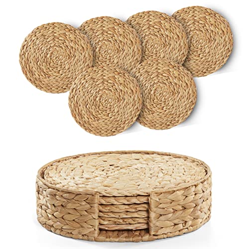 Image of Woven Placemats, 12 inch Round Placemats, Rattan Placemats with Round Holder, Wicker Water Hyacinth Placemats, Round Braided Placemats Set Heat Resistant /Anti-Slip /Durable for Dinner Plate, Kitchen