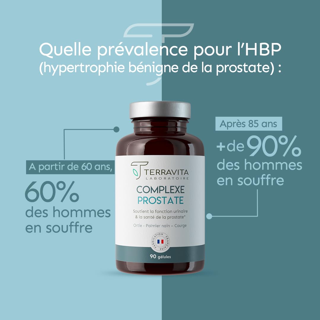 Complexe PROSTATE | Protection de la Prostate et Confort Urinaire Homme | Lutte Naturellement et Efficacement contre l’HBP et les Mictions | Dosage Clinique | 90 Gélules | Made in France | Terravita