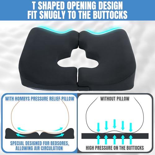 HOMBYS Memory Foam Bed Sore Cushions for Butt,Bedsore Pressure Relief Pillow for Sleeping and Sitting,Cushion for Bed Sores on Buttocks, T Shaped Opening Tailbone Pillow (Dark Grey)