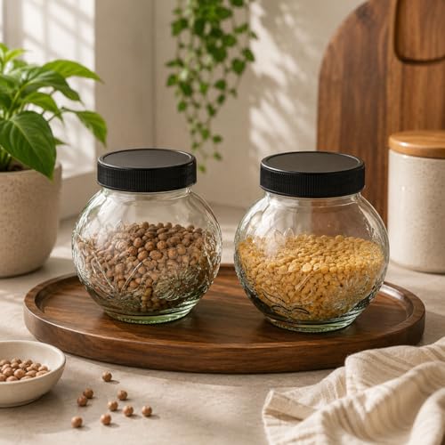 Image of Designer Transparent Glass Storage Jar with Black Plastic Airtight Lid, 900 ML Food Grade Kitchen & Pantry Storage Container, Size 8 X 14 X 14 cm, Ideal for Pulses, Dry Fruits, Pack Of 12