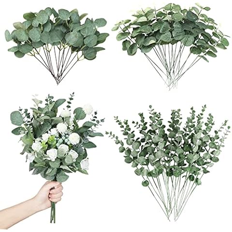 Giegxin 90 Pcs 3 Kinds Mixed Eucalyptus Leaves Stems Bulk Artificial Silver Dollar Eucalyptus Leaves Picks Dried Eucalyptus Bundle Faux Spray for Wedding Vase Bouquet Floral Arrangement (Green) Cover
