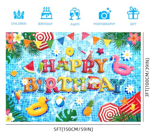 Image of Pool Party Decorations, 5x3Ft Blue Happy Birthday Pool Party Backdrop Banner Summer Pool Birthday Decorations for Summer Vacation Party Supplies Photo Booth Props