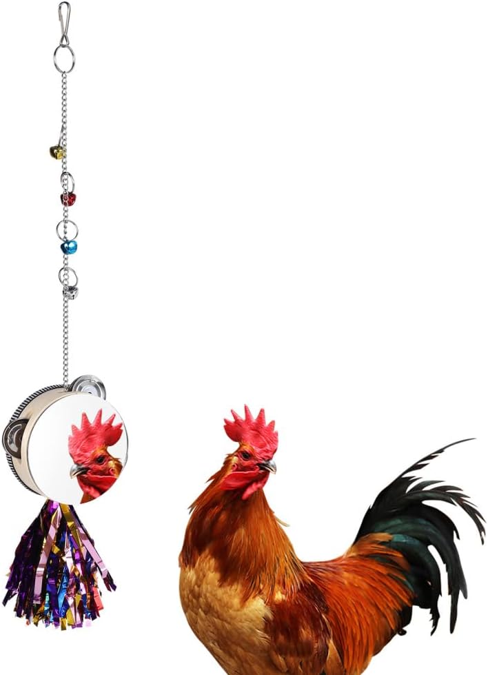 DONGKER Hühnerspiegelspielzeug, Hängespiegel mit Glocke, 58 cm Länge, Hängespiegelspielzeug mit Haken für Küken, Hühner, Hähne, Vögel, Wellensittiche und Papageien