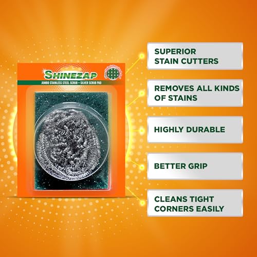 Image of Shinezap Jumbo Stainless-Steel Scrub & Silver Scrub PAD Combo in Each Pack | 30g | Ideal for Fast Clean, Long Life and Non-Rust 100% Stainless Steel | Deep Stain Removal