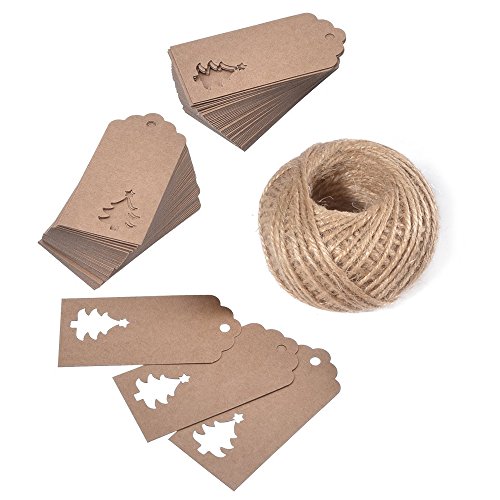 100 Pcs Kraft Paper Hollow Christmas Tree Gift Tags with String Christmas Wrapping Tags Blank Brown Gift Tag Vintage Craft Hang Tags with 100 Feet Jute Twine