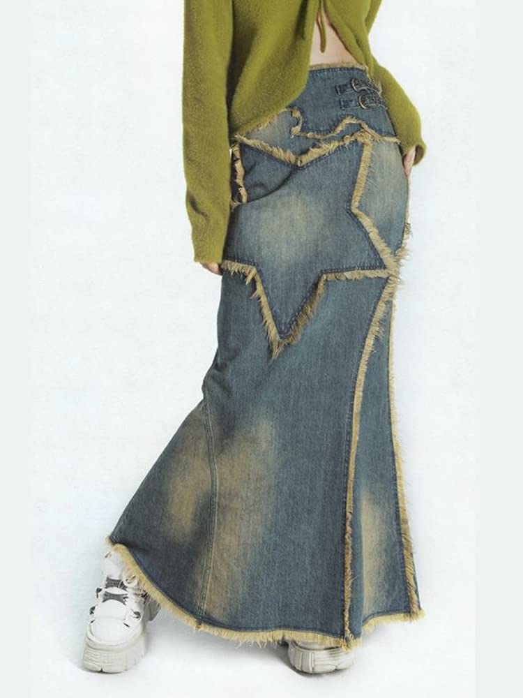 TOBILE Röcke Damen Streetwear Vintage Knielang Denim Midi Langer Rock hohe Taille gerade Grunge Jeans Röcke Kleidung