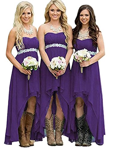 Women's Strapless Hi-Lo Country Bridesmaid Dresses Chiffon Beach Wedding Party Gowns Cocktail Party Dress