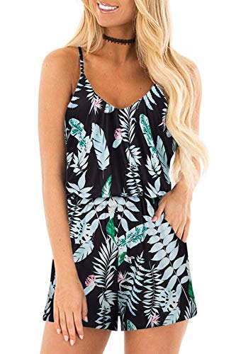 RAISEVERN Womens Black Romper Summer Casual Cute Short Jumpsuit Hawaiian Luau Tropical Leaves Print Adjustable Spaghetti Straps Loose V Neck Sleeveless Cami Rompers with Pockets