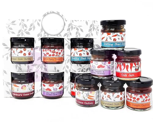 Selection of Savoury Chutney Gift Pack - Caramelised Onion Dried Tomato & Smoked Garlic Gardeners Choice Potting Shed Pickle Hot & Spicy Tomato Chilli Jam - 6 x 35g Jars
