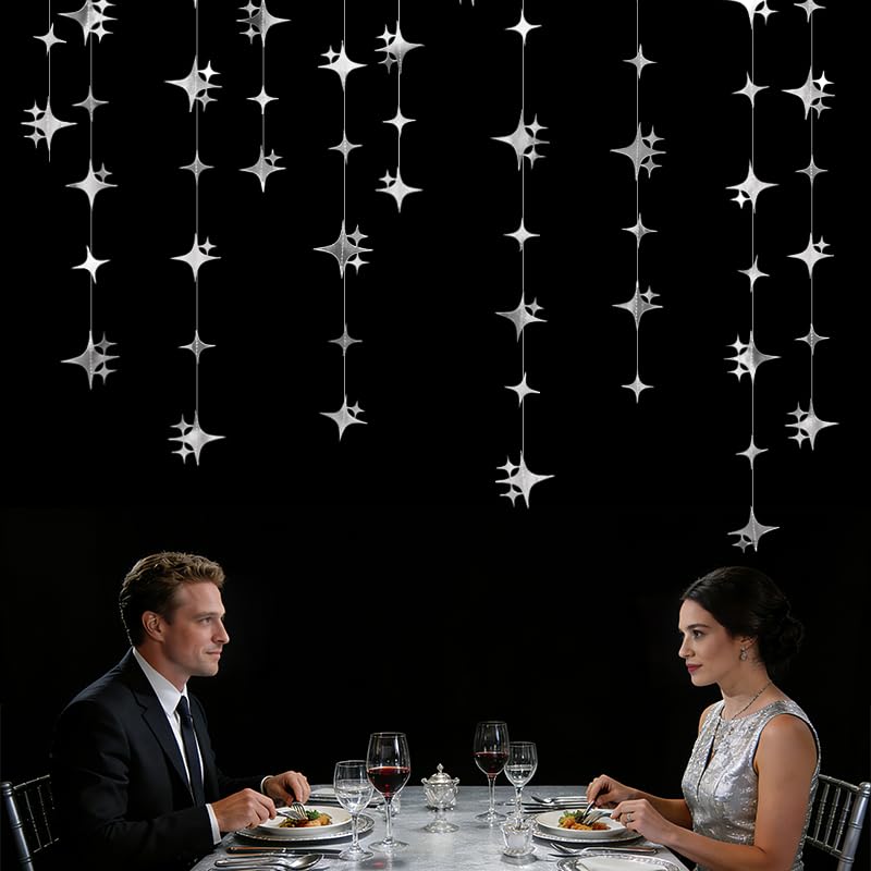 Image of Glitter Silver Four-Angle Star Paper Garland Banner Decor 40 Feet Twinkle Silver Star Hanging Bunting Banner Backdrop for Wedding Baby Shower Birthday Graduation Disco Party Decorations