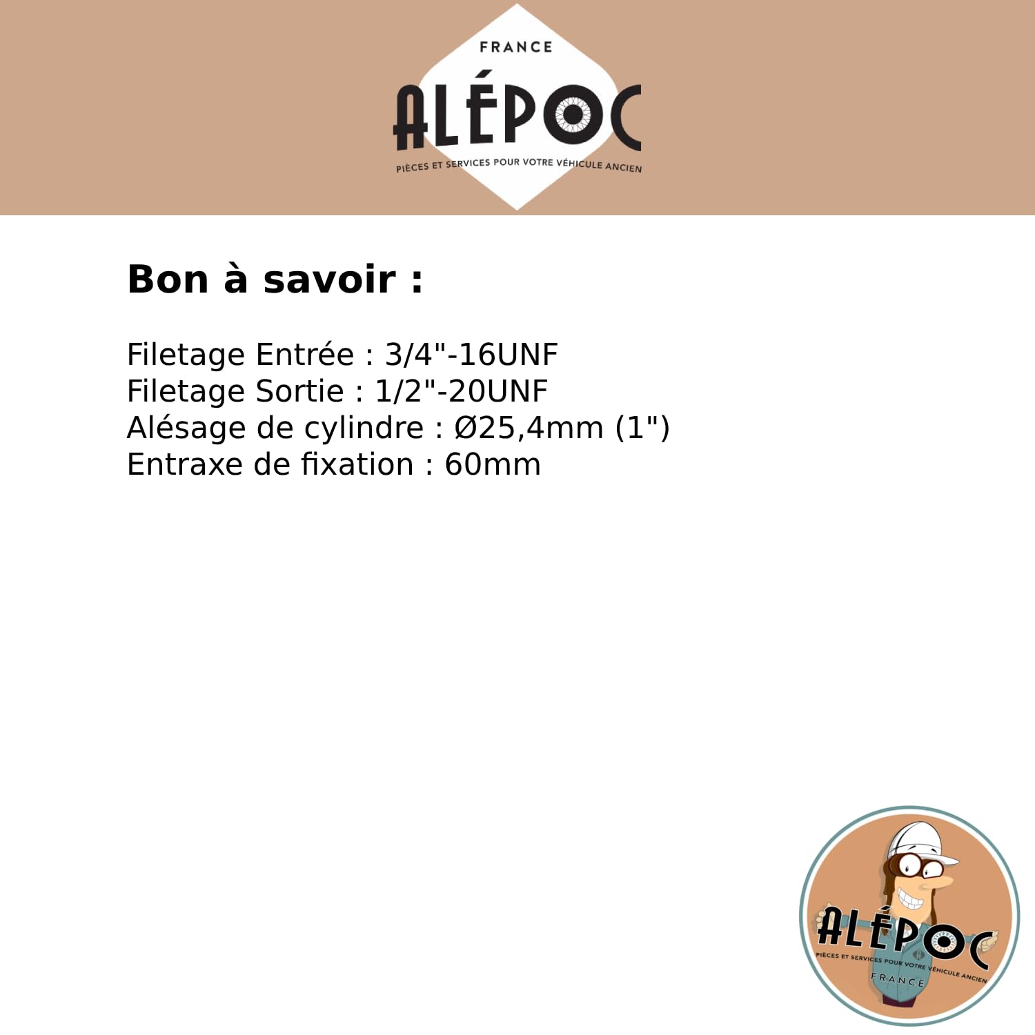 Alépoc - Maître cylindre de frein Ø25.4mm compatible Peugeot 202, 203, 403U, 404, 404U - Conforme à l'origine OE 460182 et 460111 - Pièce auto fiable pour système de freinage de véhicule ancien.