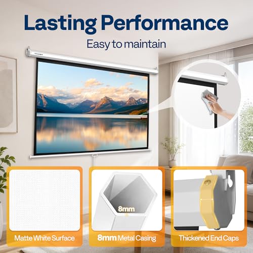 Image of VIVOHOME 72 Inch 16:9 Pull Down Projector Screen, White | Manual Retractable 4K Projection Screen for Home Theater, Roll Up ALR Movie Screen for Ceiling and Wall Mount