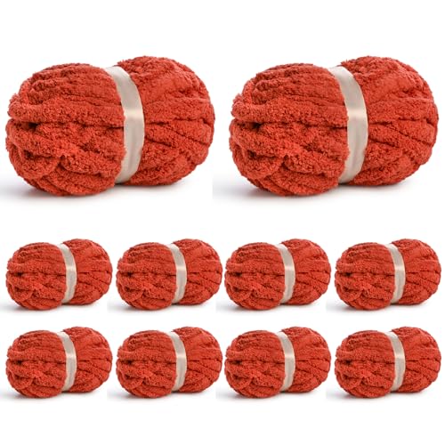 10 Pack of Jumbo Chunky Yarn for Hand Knitting 10# Super Bulky-Fluffy Chenille Yarn 220 yds/70.5 oz Soft Thick Yarn for Crocheting Chunky Knit Throw Blankets.(Deep Orange)