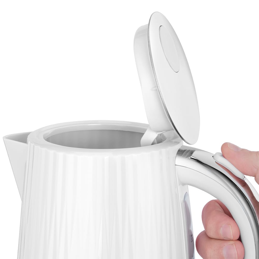 Russell Hobbs Hervidor de Agua Eléctrico, para agua caliente, té o café, 1,7 l, tapa apertura por presión, filtro extraíble y lavable, detalles cromados, blanco, 2400 W, Eden 27360-70