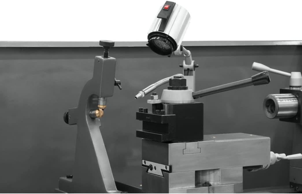 Close-up of JET GH-2280ZX work light and coolant nozzle