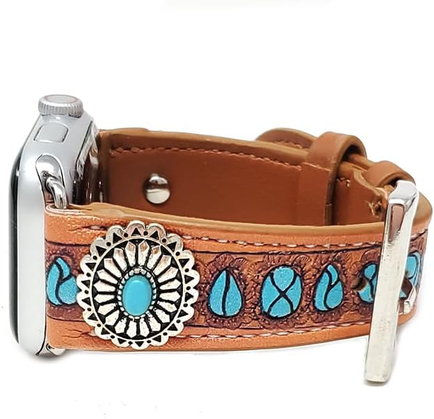 Compatible with Apple Watch Brown Leather Band 38/40 mm Western Boho Squash Blosssom (Turqouise) - Image 3
