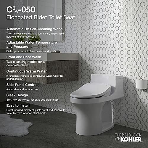 Kohler K-18751-0 C3 050 Elongated Warm Water Bidet Toilet Seat, White With Quiet-Close Lid And Seat, Low Profile Design, Self-Cleaning Wand, Adjustable Spray Pressure And Position, Comfortable Clean #TOP1