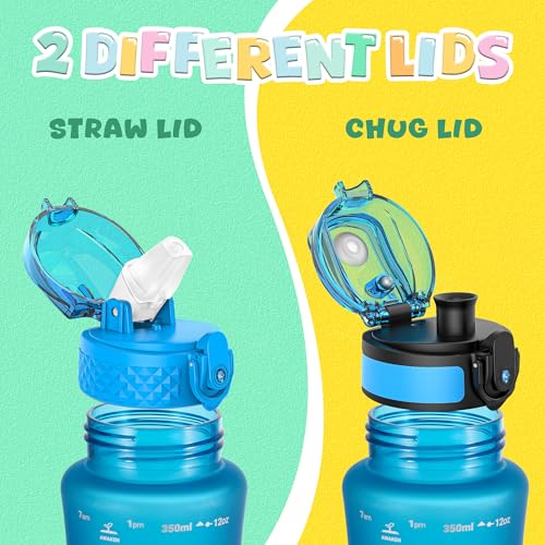 Oldley J-PB350-BU Kids Water Bottle For School, 12 Oz (2 Lids) Bpa-Free Reusable Leak-Proof Durable Tritan Plastic Water Bottles thumb #2
