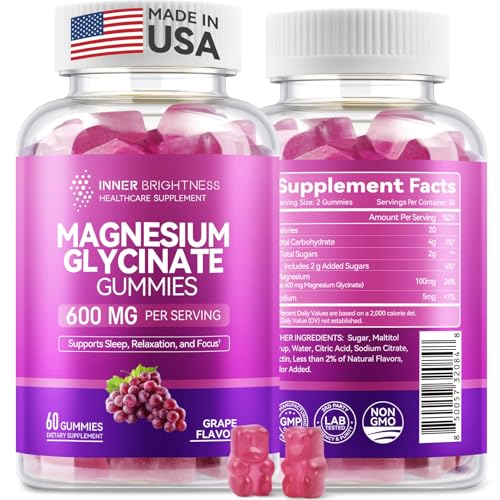Image of Magnesium Glycinate Gummies 600mg, Non-GMO, Gluten-Free, Magnesium Gummies for Adults & Kids, Sleep, Relaxation & Focus, Grape Flavor, 60 Count