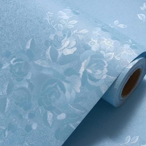 Image of Oceanic Blue Rose Flower Wallpaper Roll 45x300cm | Self-Adhesive Textured Floral Wall Sticker | Decorative Paper for Bedroom, Hallway & Living Room Walls