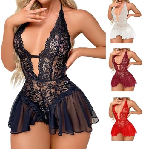 Lingerie for Women Lace Halter Babydoll Chemise Sexy One Piece Bodysuit Sleepwear Romantic Nightwear V Neck Lingerie