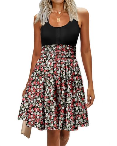 Image of Summer Dresses for Women Casual Sleeveless Sundresses Elastic Waist Mini Sun Dress