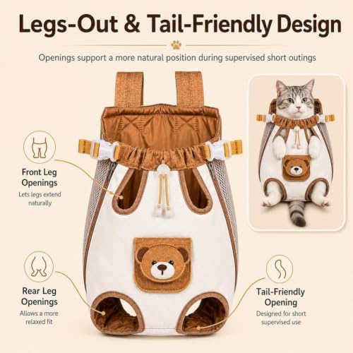 Cute Bear Design Front Pet Carrier Backpack, Cute Bear Cat Front Carrier Backpack with Breathable Mesh, Cat Dog Front Body Carrier, Safety Leash, and Adjustable Straps for Hands-Free Trips - 1